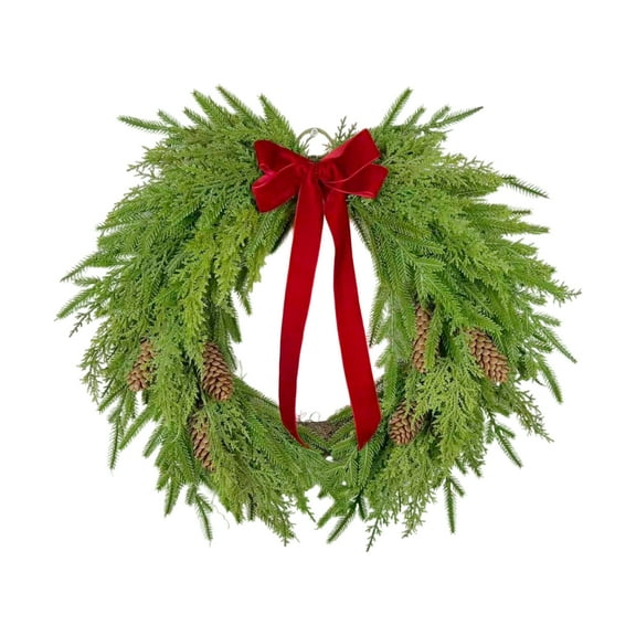 Norfolk Pine Wreath with Red Bow for Front Door, Real Touch Norfolk Pine Wreath Artificial Green Wreath Greenery Realistic Wreath Holiday Decoration for Home Decor