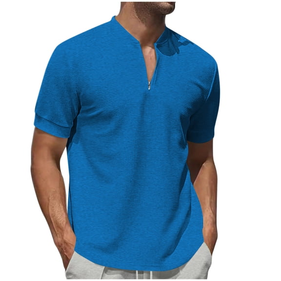 Qgtaibl 1/4 Zip Henley Shirts for Men Summer Short Sleeve T-Shirt Solid Color Casual Beach Vacation Daily Tee Blue,S
