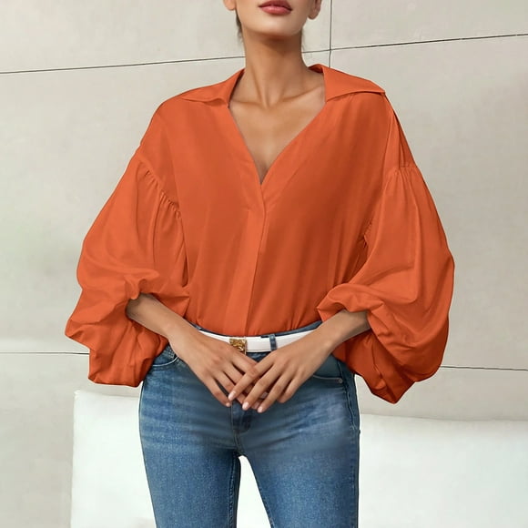 Ndbuld Tuniques pour Femmes Hauts à Manches Longues Décontractés Col en V Chandails pour Femmes Blouses Orange TG