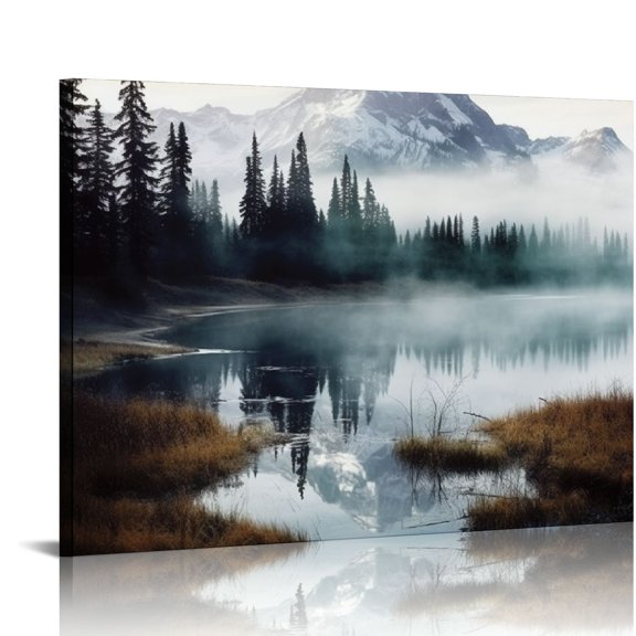 JRXY Nature Landscape Canvas Wall Art: Modern Lake Scene Picture Print Vertical Misty Forest Mountain Painting Artwork Decor for Living Room Bedroom Office 20x16in