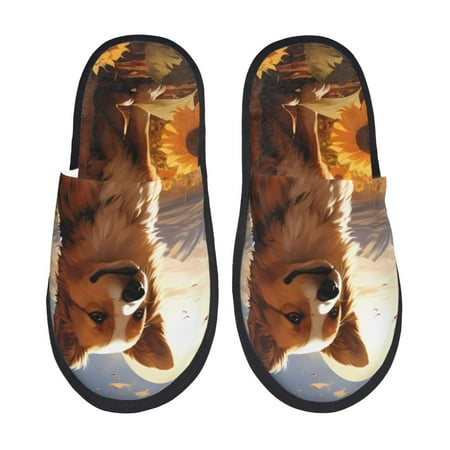 

Rateoe Vintage Cute Corgi Sunflower Pattern Fuzzy Slippers Fuzzy Soft House Slippers Plush Furry Warm Cozy Open Toe Fluffy Home Shoes-Medium