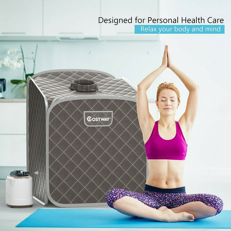 COSTWAY draagbare stoomsauna, thuissauna voor 1-2 personen met 3 liter stoomgenerator, timer, afstandsbediening, voetmassageapparaat & klapstoel, saunatent zitsauna voor thuis, 89 x 89 x 149 cm (grijs