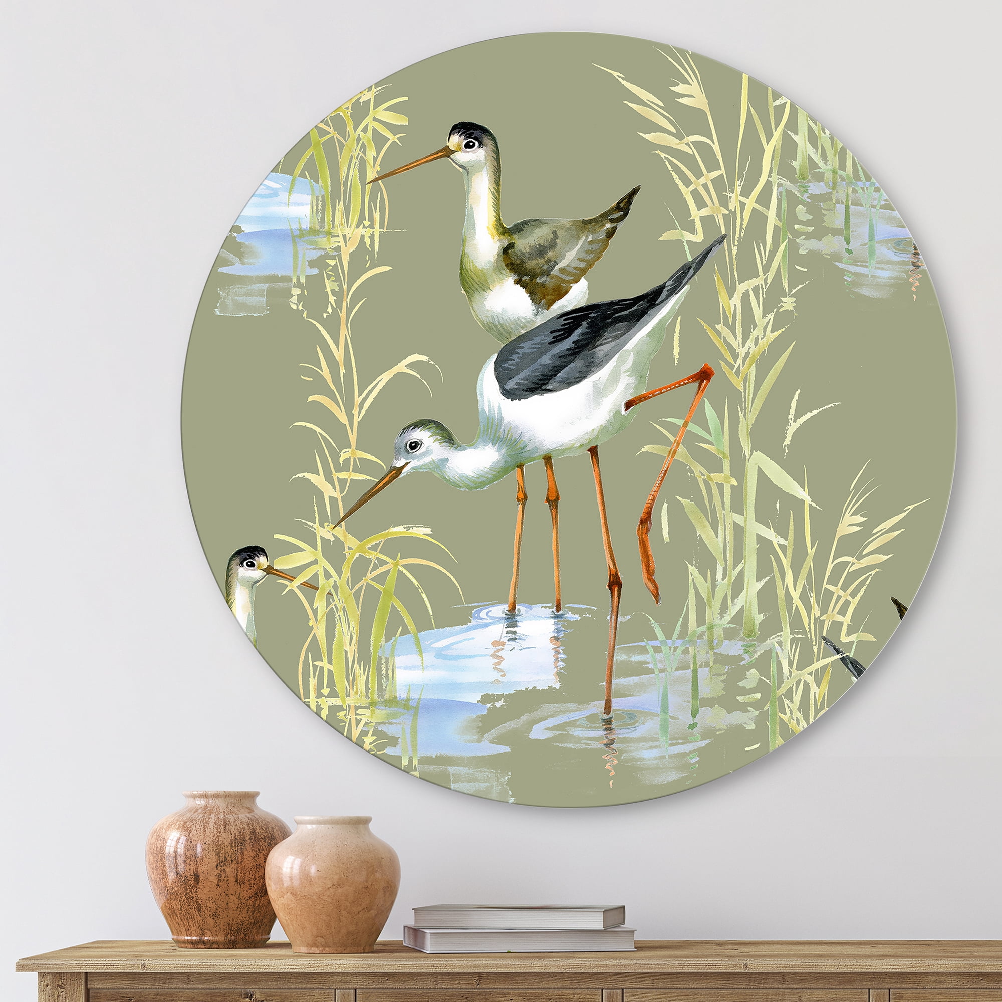 Designart 'Herons Birds In The Gray Water' Farmhouse Circle Metal Wall Art 11x11 - Disc of 11