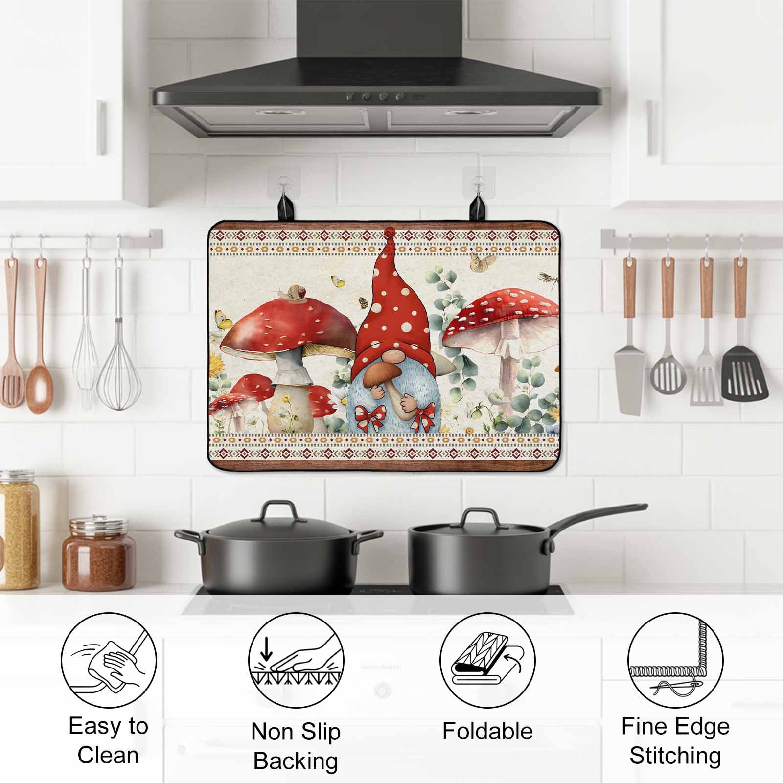 Red Mushroom Gnomes Stove Top Cover for Electric Stove, Heat-proof & Non Slip Glass Top Stove Cover Protector, Vintage Botanical Elegant Pastoral Kitchen Flat Cooktop Rubber Mat 24x21 Inches