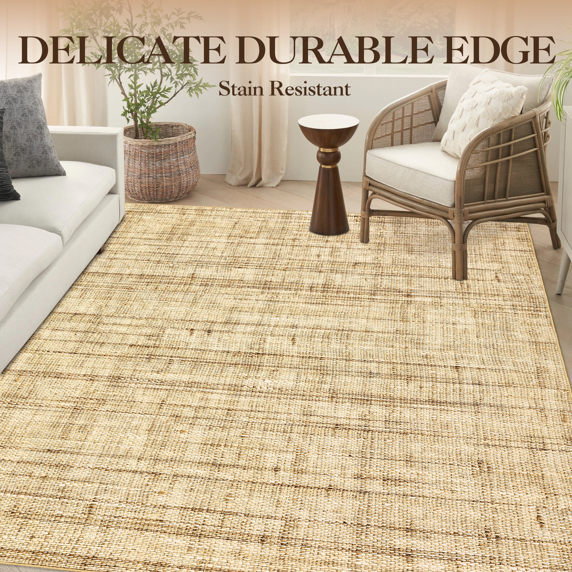 FairOnly 8'x10' Linen Machine Washable Area Rugs for Kitchen Family Room Low Pile Stain-Resistant Rugs Natural Carpet