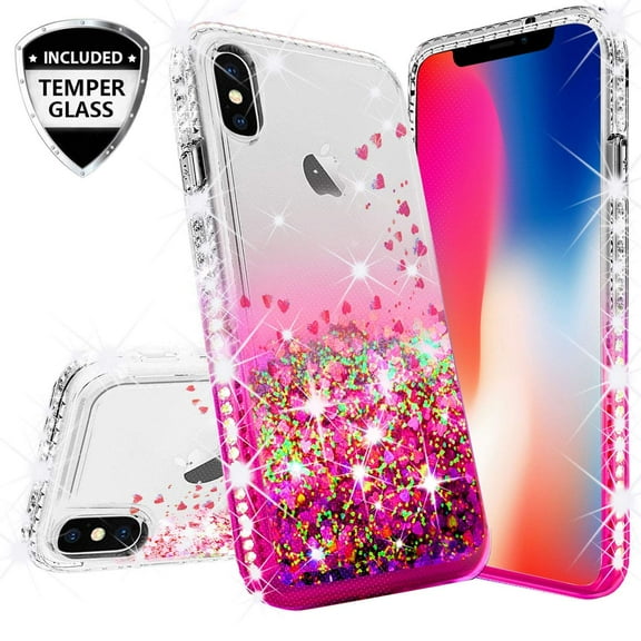 Compatible for Apple iPhone Xs Case, iPhone X Case, with [Temper Glass Screen Protector] SOGA Diamond Glitter Liquid Quicksand Cover Cute Girl Women Phone Case [Clear/Pink]