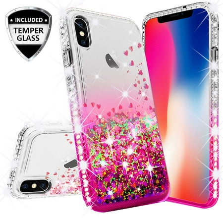 Compatible for Apple iPhone Xs Case, iPhone X Case, with [Temper Glass Screen Protector] SOGA Diamond Glitter Liquid Quicksand Cover Cute Girl Women Phone Case