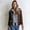 Brown, variant on Hooded Jacket For Women Faux Suede Fabric With Denim Patchwork Short Outer Layer Zip Button Front Drawstring Relaxed Fit Outerwear