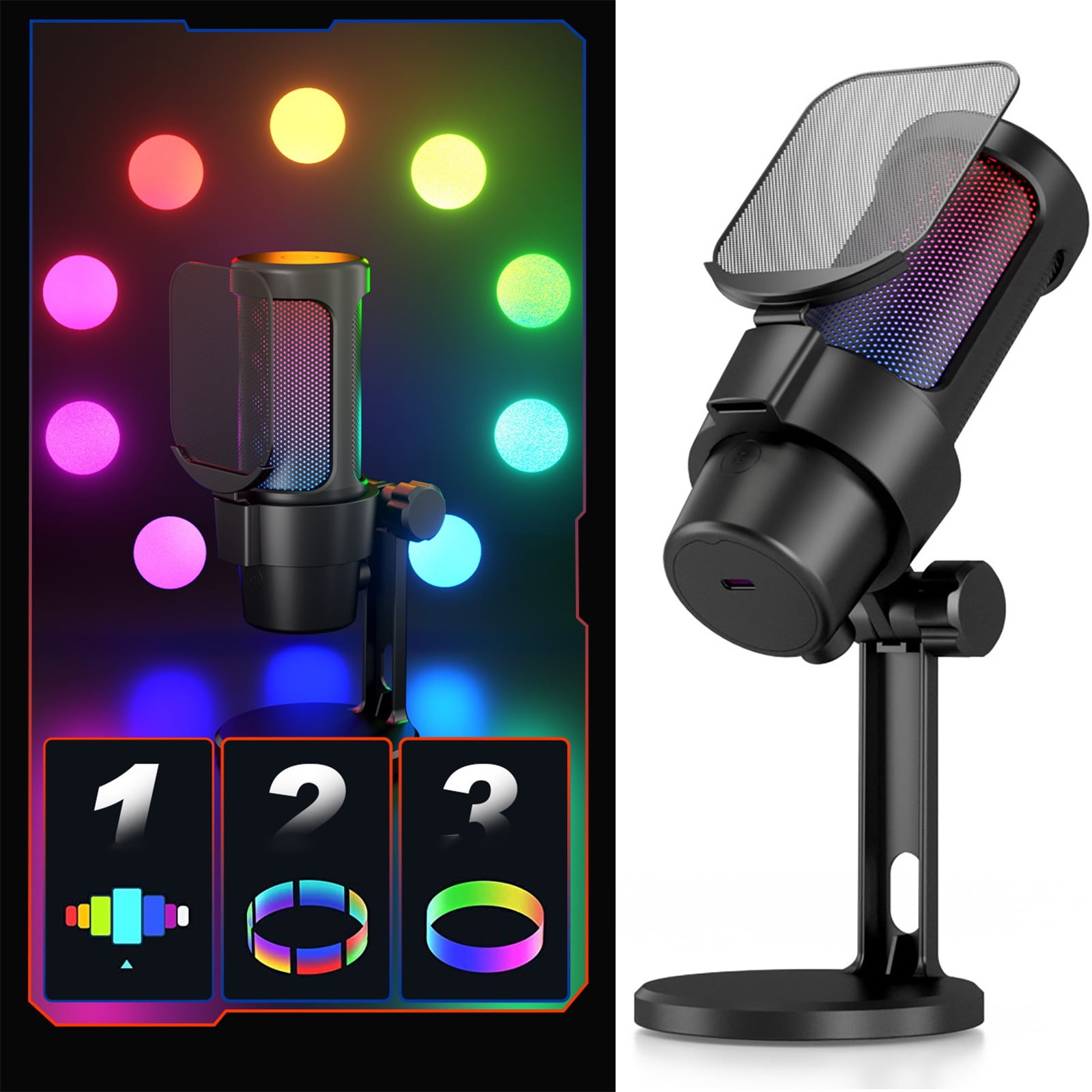Condenser Microphone for PC USB Connection Color Lights for Recording and Podcasting Live Singing Solid Base