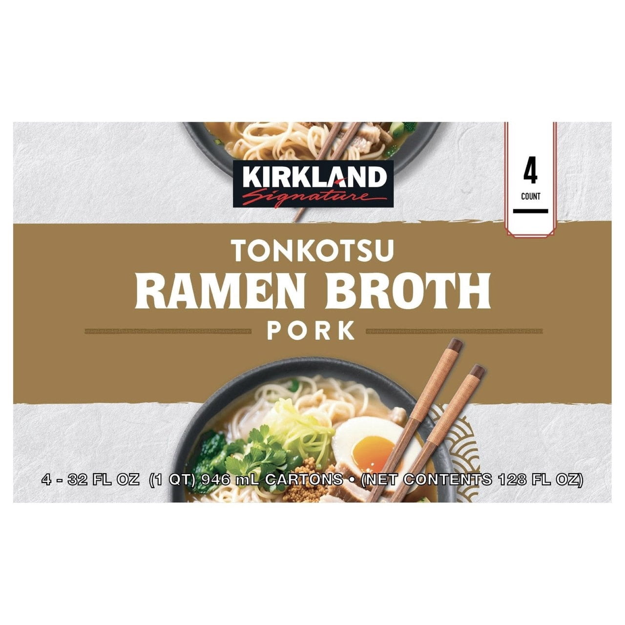 Kirkland Signature Tonkotsu Ramen Broth, Pork Bone Soup Base, 32 fl oz Cartons (4 Pack), Rich Japanese Style Umami Broth