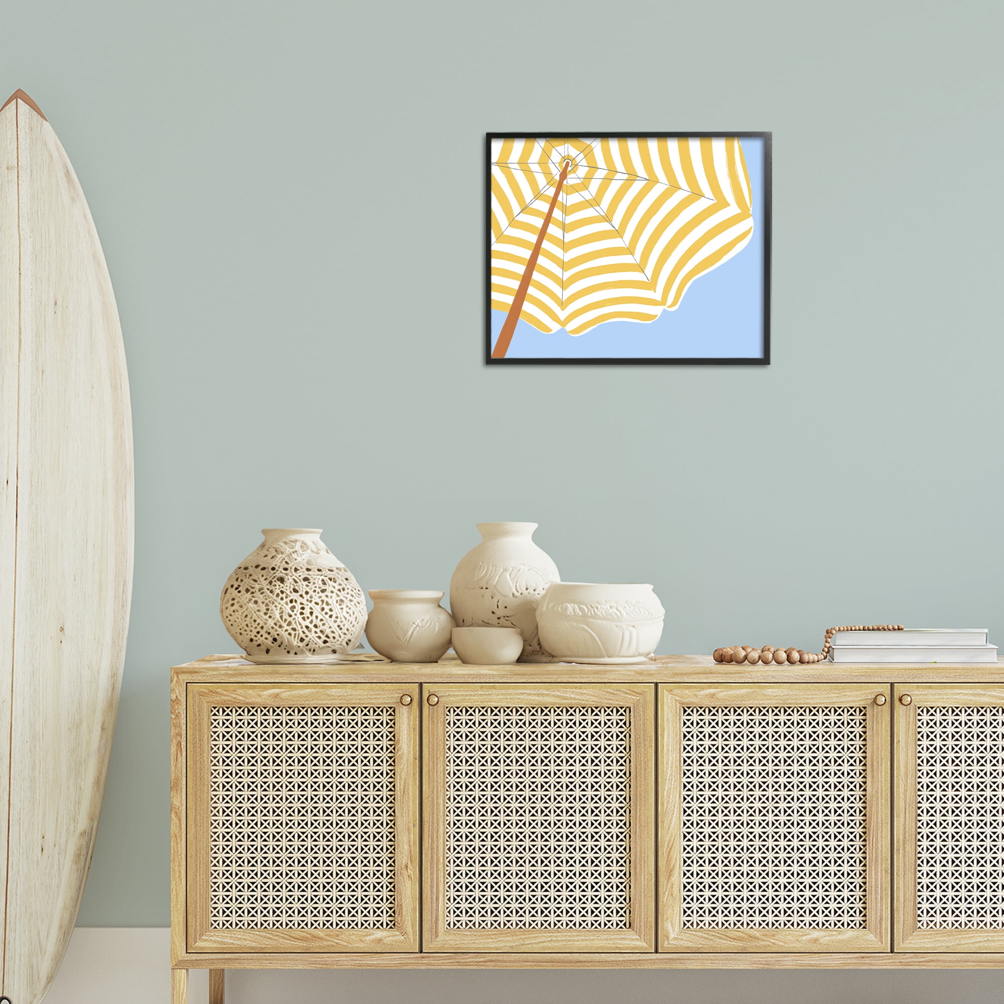 Stupell Industries Yellow & White Umbrella Coastal Painting Black Framed Art Print Wall Art, 20 x 16