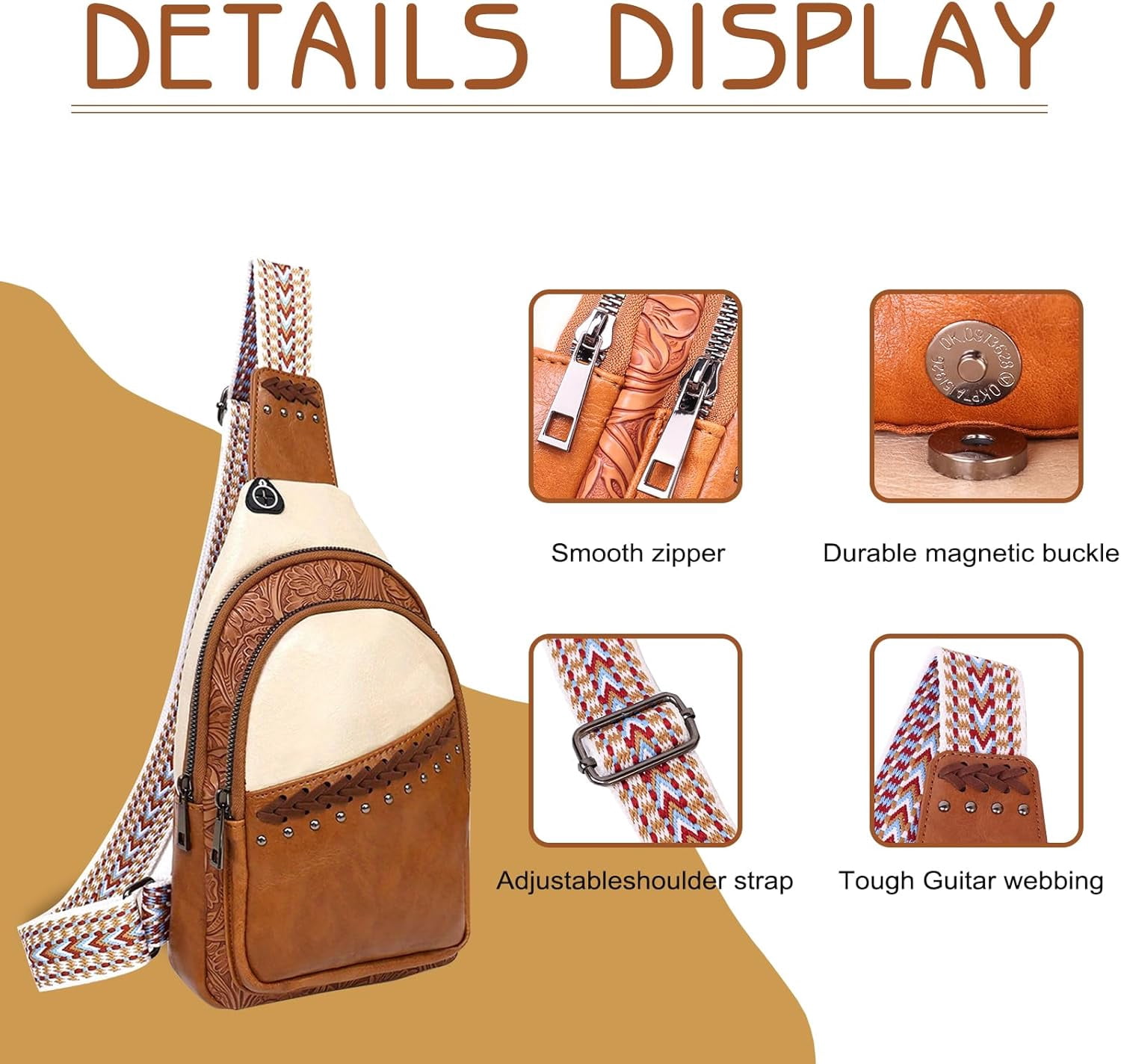 Sling Bag Crossbody Bags for women, Vintage Leather Fanny Pack for Men with Zipper, Adjustable Guitar Strap Anti Theft Crossbody Purse Travel(Brown)
