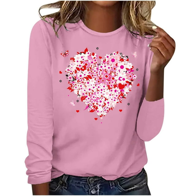 Qertyioot Cadeau de Saint-Valentin pour Femmes, Mode Décontractée Manches Longues Imprimé Col Rond Blouse Ample