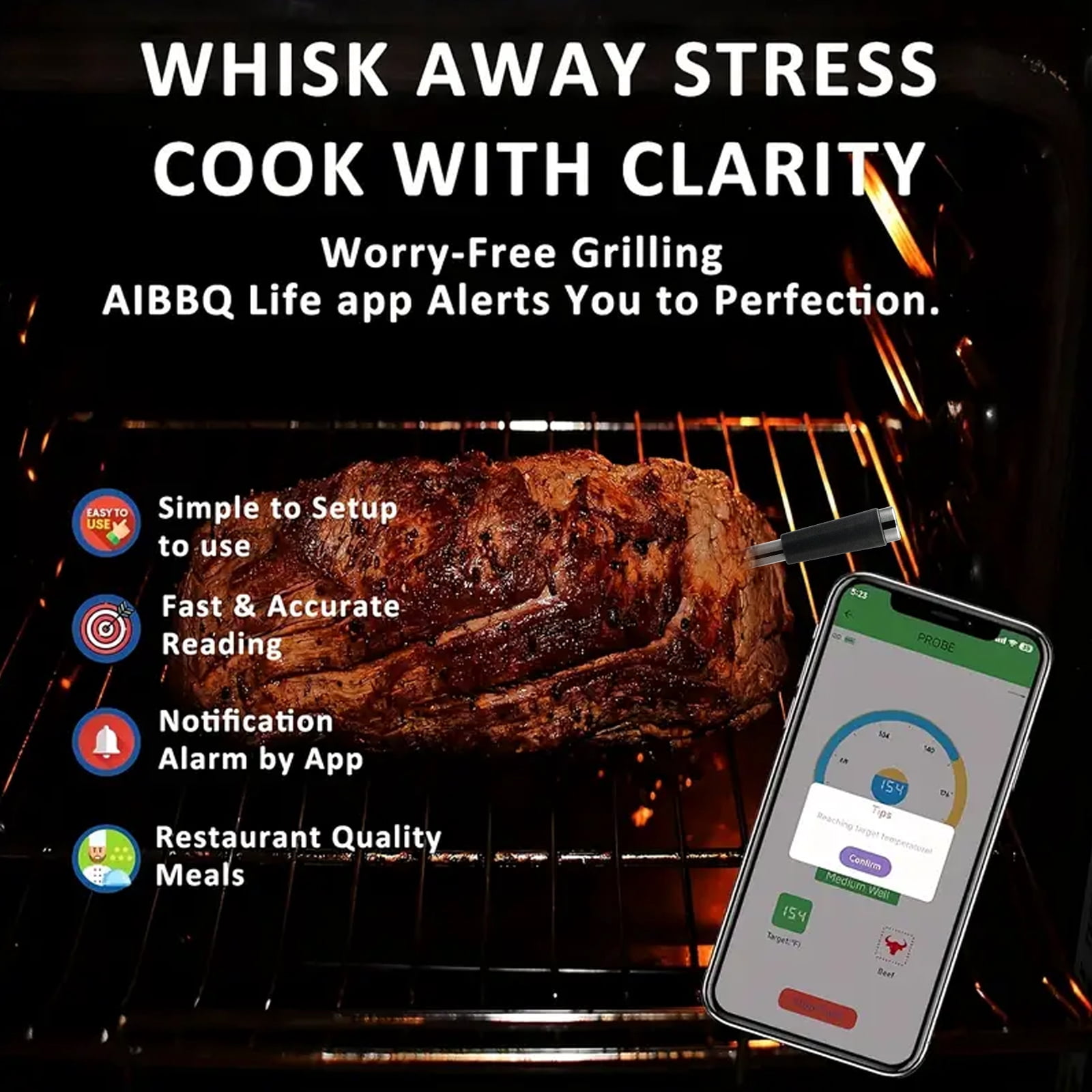 Wireless Digital Food Thermometer,Smart Bluetooth Meat Thermometer with App,656 Ft Range,Grill Thermometer for Outside,Dual Probes