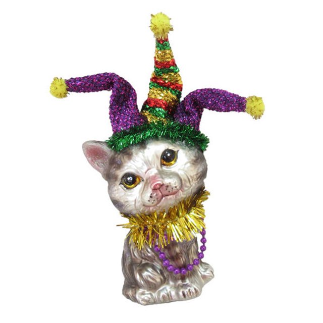 December Diamonds Glass Ornament - Grey Tabby Cat with Jester Hat, Marti Gras Theme
