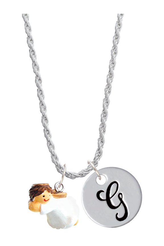 Resin Flying Angel Silvertone Script Initial Disc - G - Charm Necklace, 20"+3"