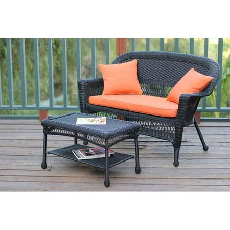 Jeco W00207-LCS016 Black Wicker Patio Love Seat And Coffee Table Set With Orange Cushion