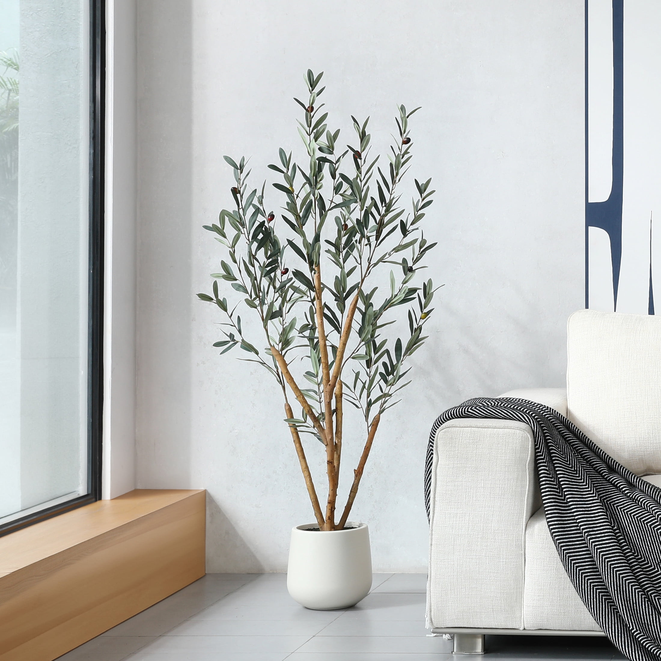 5ft Fake Olive Tree with Oval White Planter, Artificial Olive Plants with Realistic Leaves and Natural Trunk, Big Fake Plants for Home Decor