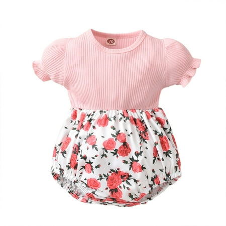 

Puloru Infant Girls Summer Romper Rose Print Splicing Puff Sleeves Jumpsuit