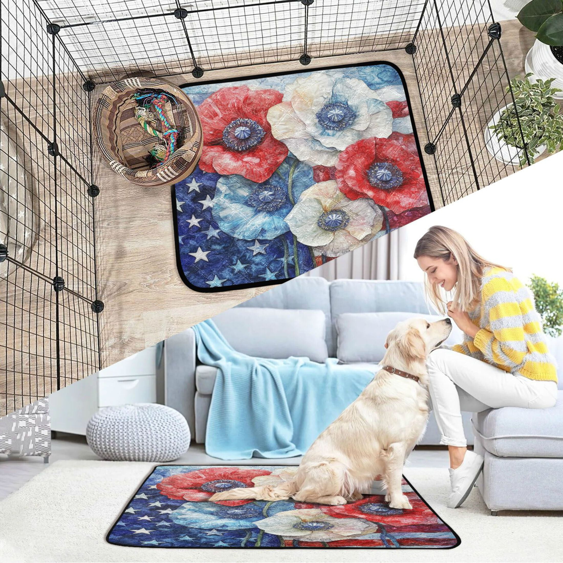 Qxltty American Flag Flowers Cat litter Pads Pet Set of 2 Diaper Mats Center Anti-leakage Layer Absorbent Soft and Comfortable