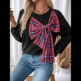 thumbnail image 4 of Suéter Informal de Larga con Cuello Redondo para Mujer, con Costuras A Cuadros y Lazo, Además de Sudadera Gruesa de Terciopelo, Color Negro. Negro L, 4 of 9