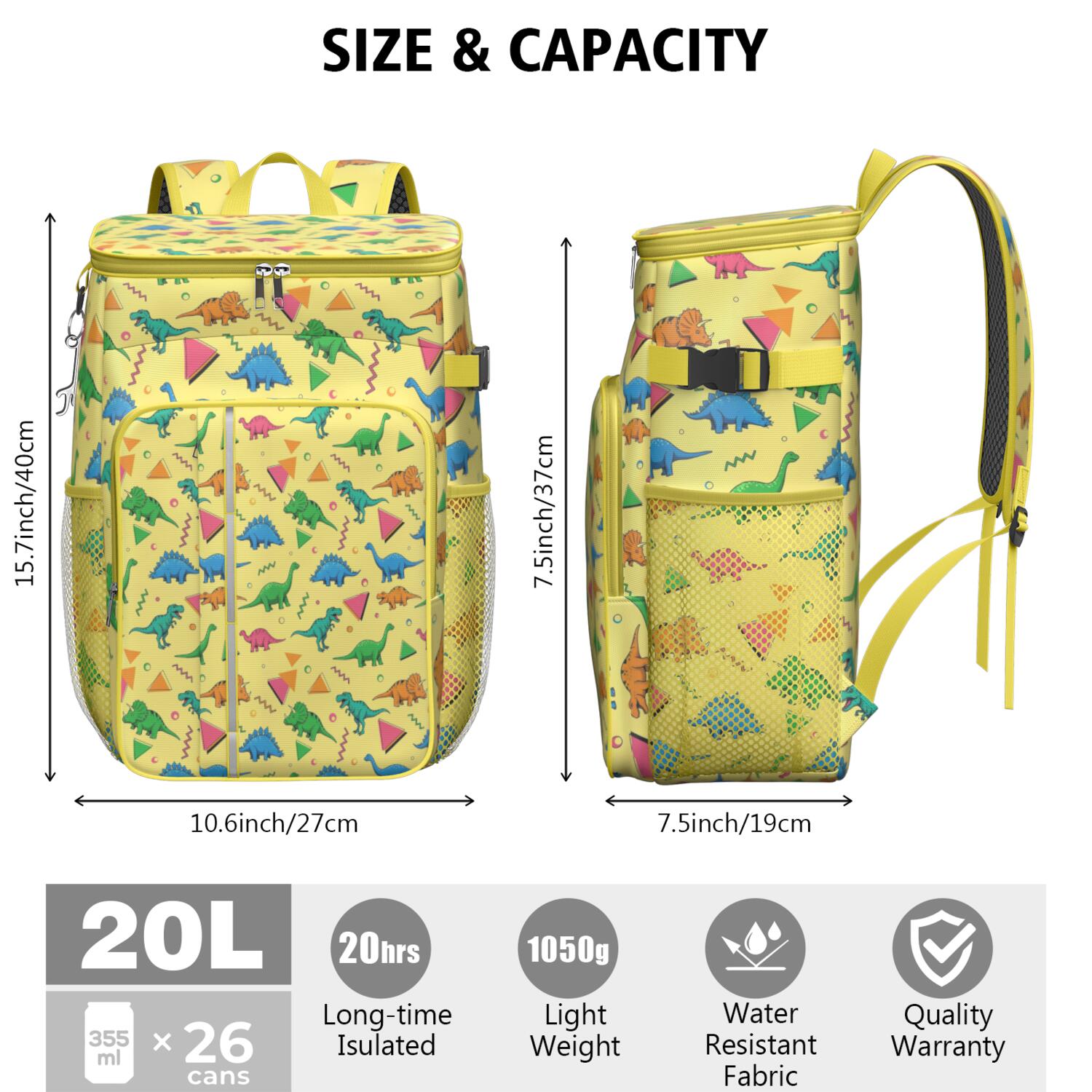 Travel Cooler Bag - Yellow Cartoon Dinosaurs Geometric Shapes Pattern Camping Beer Cooler Backpack with Bottle Opener- Waterproof Insulated Picnic Backpacks - Cooler Bag for Beach
