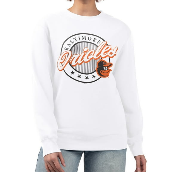 Women's G-III 4Her by Carl Banks White Baltimore Orioles Pinstripe Circle Team Fleece Pullover Sweatshirt