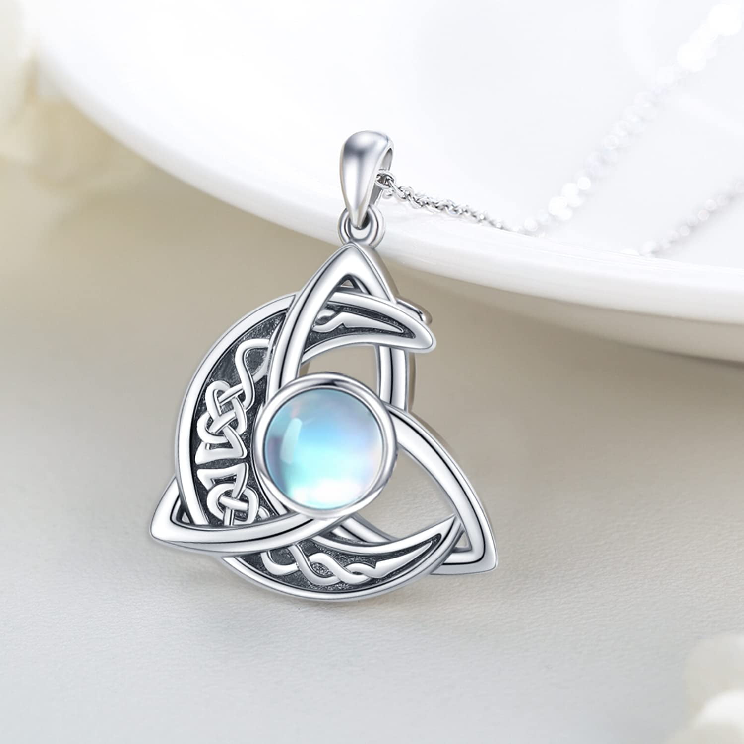 Coachuhhar Celtic Moonstone Necklace 925 Sterling Silver Celtic Knot Moon Pendant Crescent Irish Necklace Jewelry Gift for Women Men