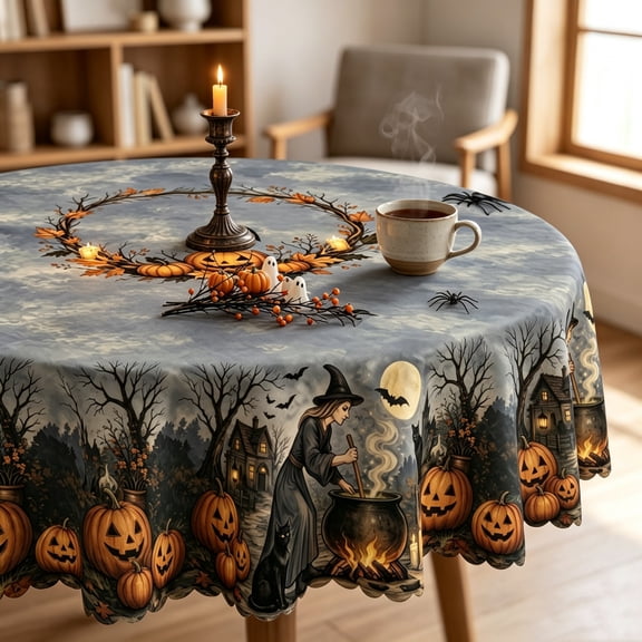 Halloween Table Cloth,Plastic Table Protector,Funny Halloween Pumpkin Round Tablecloth,Water Resistant Spill Proof Large Table Cover for Indoor & Outdoor Family Gathering Dinner(Black 5ft)