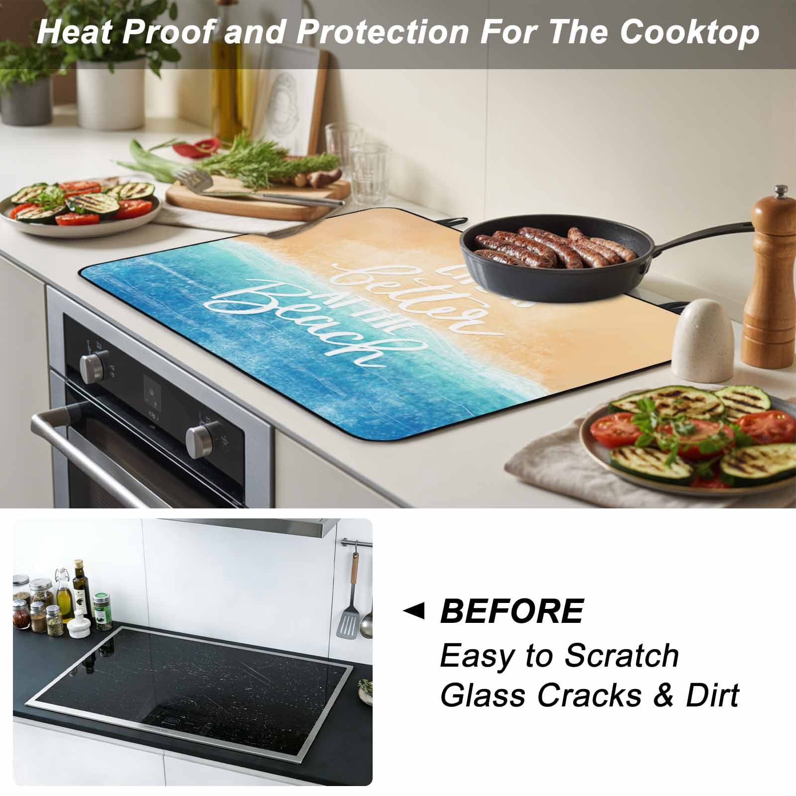 Blue Coastal Stove Top Cover for Electric Stove, Heat-proof & Non Slip Glass Top Stove Cover Protector, Life Is Better At The Beach Beach Kitchen Flat Cooktop Rubber Mat 24x21 Inches