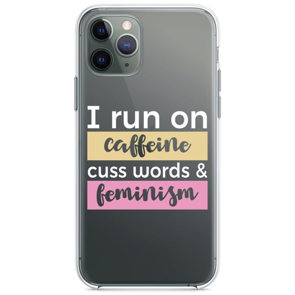 DistinctInk Clear Shockproof Hybrid Case for iPhone 11 Pro (5.8" Screen) - TPU Bumper Acrylic Back Tempered Glass Screen Protector - I Run On Caffeine Cuss Words & Feminism