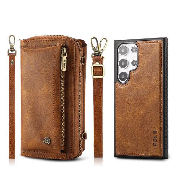 ELEHOLD Multi-Functional Wallet Phone Bag with Case for Samsung Galaxy S24 Ultra,Large Capacity 13 Card Slots Zipper Purse Detachable Case with Wriststrap Crossbody Strap for Samsung S24 Ultra,Brown