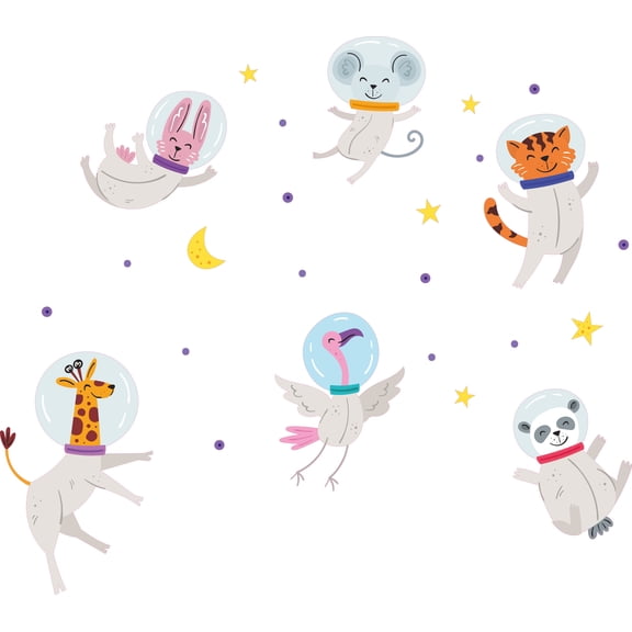 Removable Vinyl Decor Animal Space Travelers Cartoon Design Kids Bedroom Nursery Wall Decal - 21" x 28" Home Living Room Multicolored Outer Space Themed Art Adhesive Wall Sticker Decoration