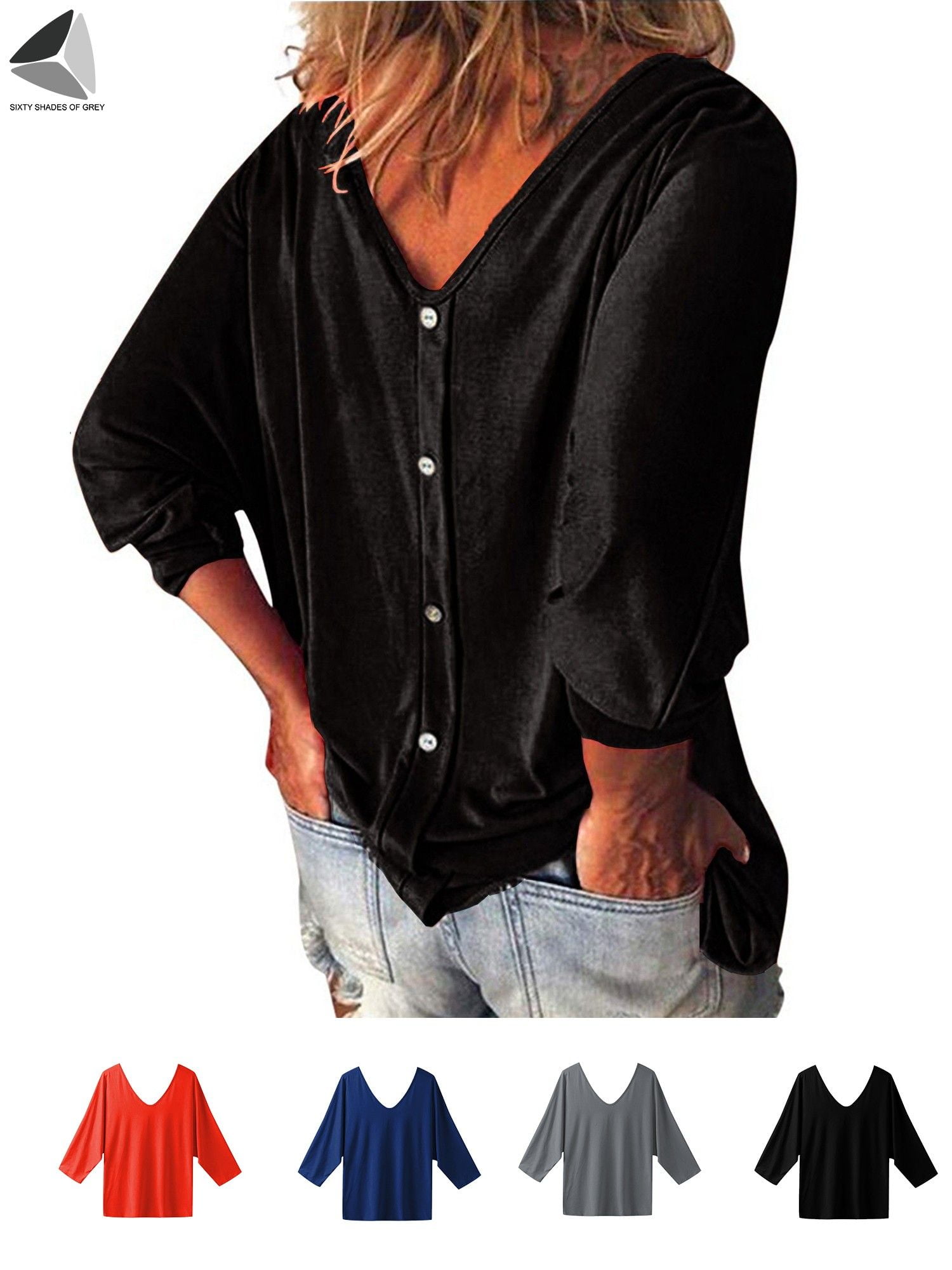 Sixtyshades Womens Button Down Shirts 3/4 Sleeve V Neck Casual Loose