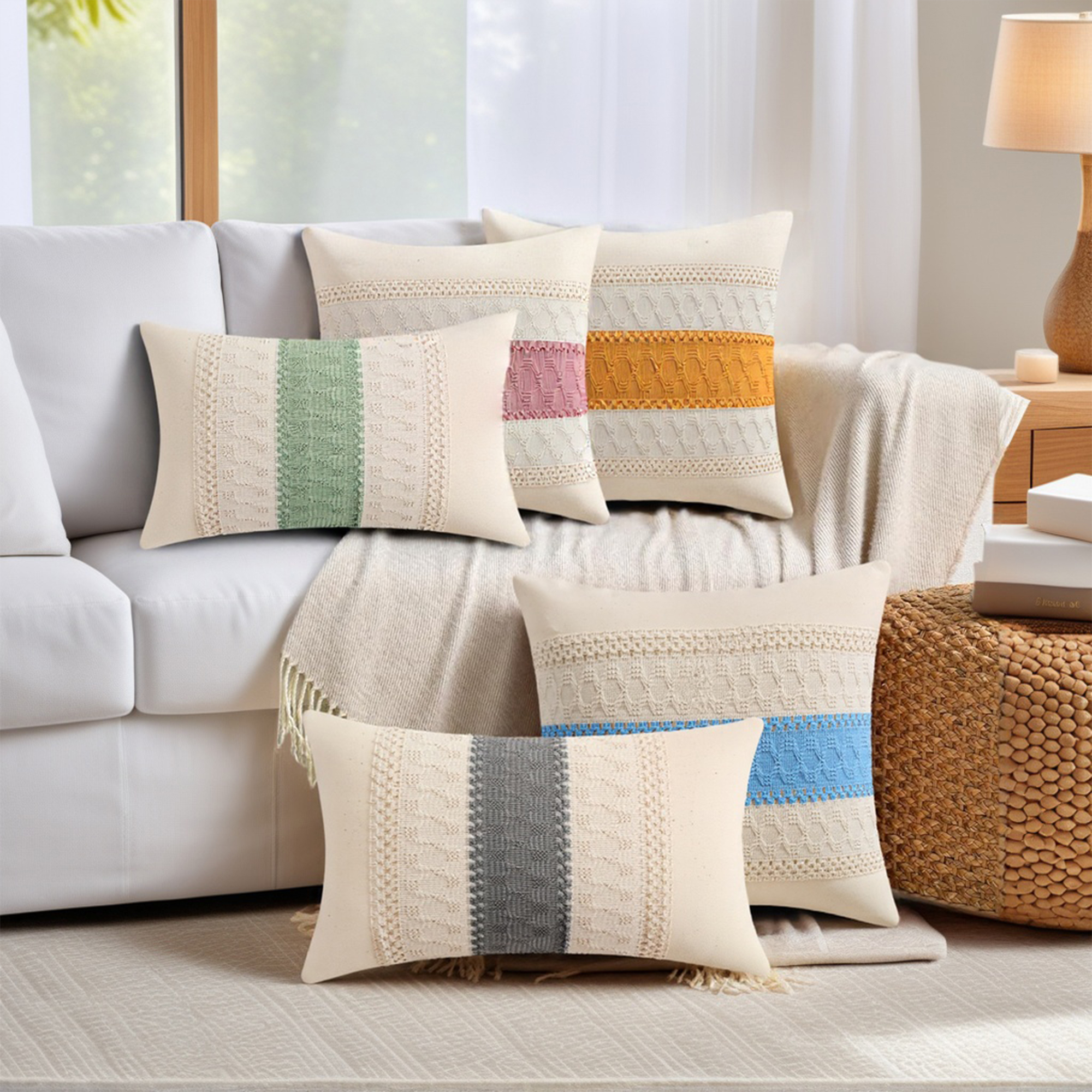 Unique Bargains 2Pcs Geometry Weave Throw Pillow Covers for Sofa Pink 12" x 20"