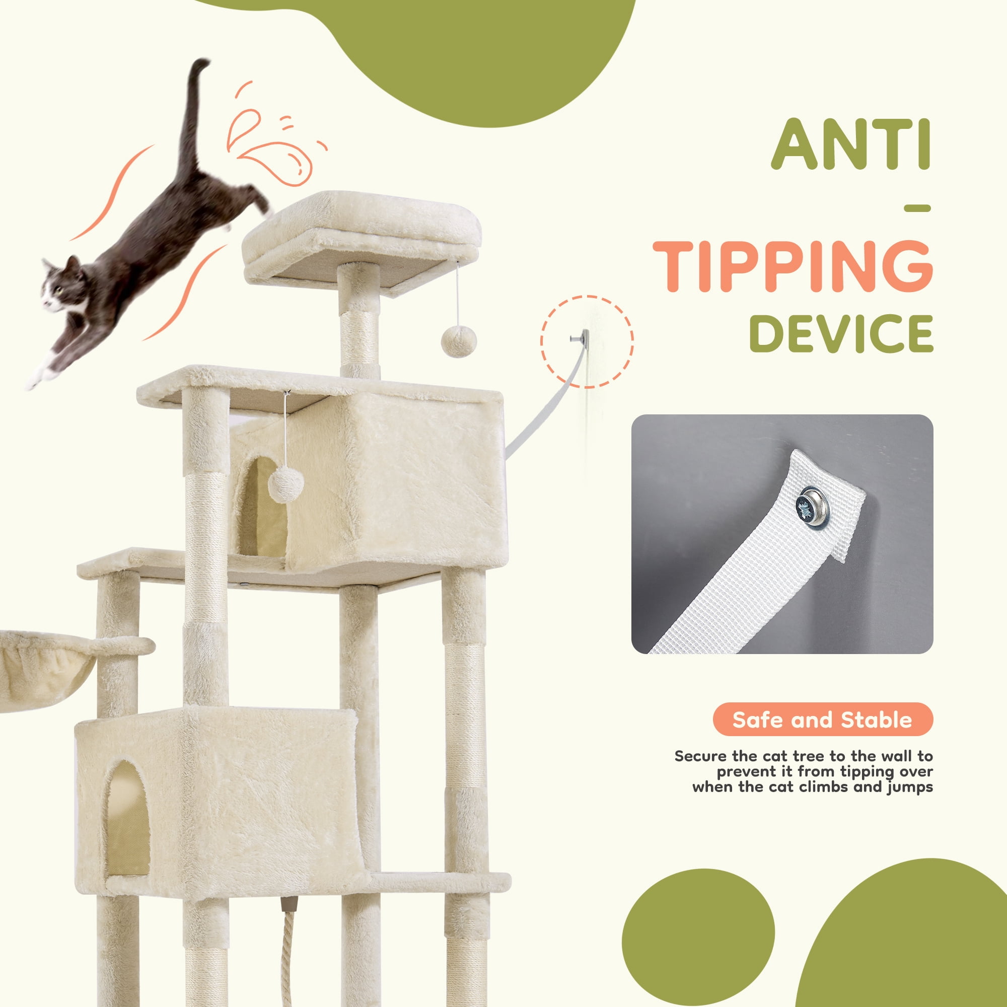 JIOABL 66" Multi-Level Cat Tree Tower with Hammock, Large Condo, Climbing Plates, Plush Toy, Kitty Playing House, Beige