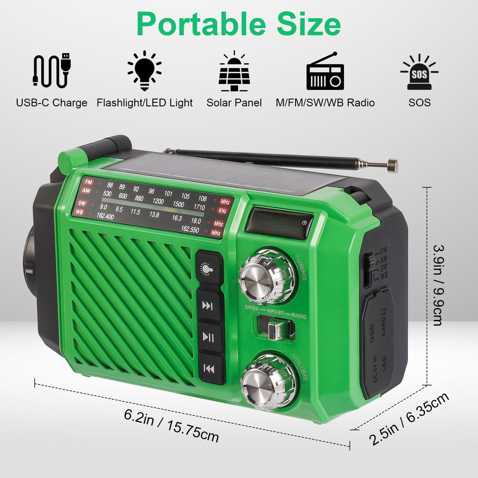 Hand Crank Emergency Weather Radio With 2600mah/9620mwh Power  Noaa Am Fm Shortwave Portable Solar & Usb-c Charging Flashlight Sos Alarm For Kits (green)