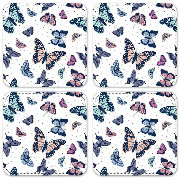 Vinyl Drink Coasters - Set of 4 - Pink, Blue & Green Butterflies