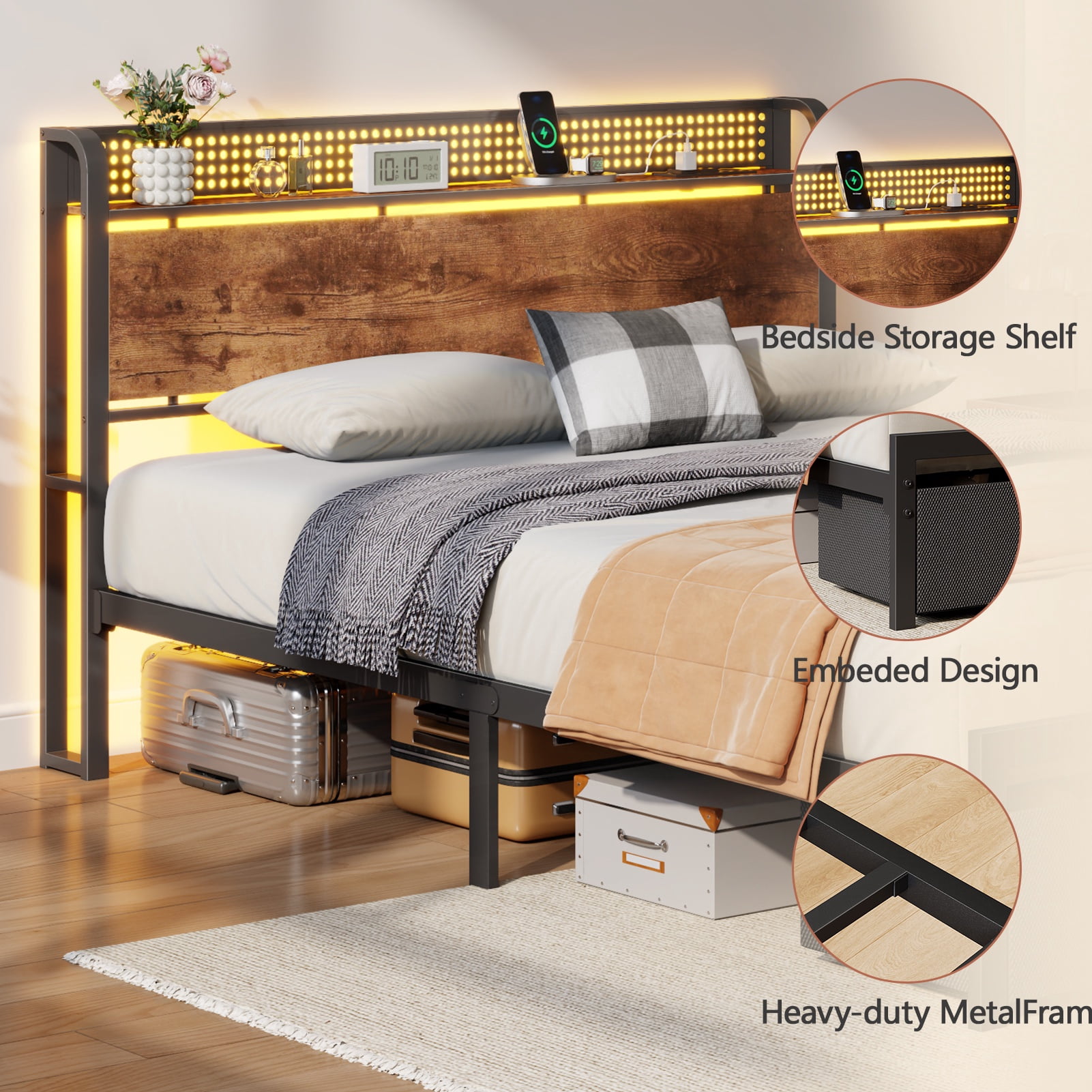 Satifur Farmhouse Queen Bed Frame with 2 Storage Drawers and Headboard, No Box Spring Needed