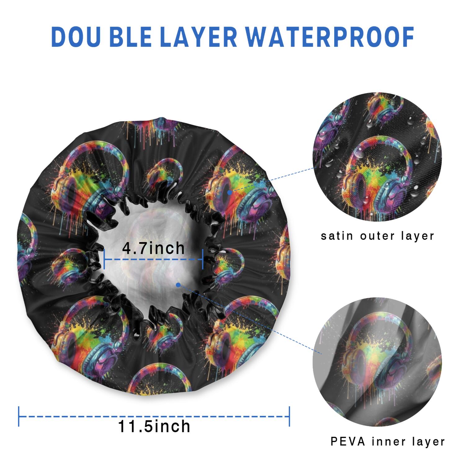 Shower Caps,Colorful Headphones Games Black Pattern Waterproof Shower Cap for Women 4 Pieces,Double Reusable Hair Cover for Shower PEVA Elastic Stretch Hem