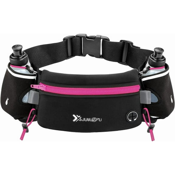 Running Belt with Water Bottles(2 x 175ML), Hydration Belt Waterproof Waist Pack Bag Fits iPhones Adjustable Sports Waist Pouch for Marathon Running Hiking Cycling, Rose Red