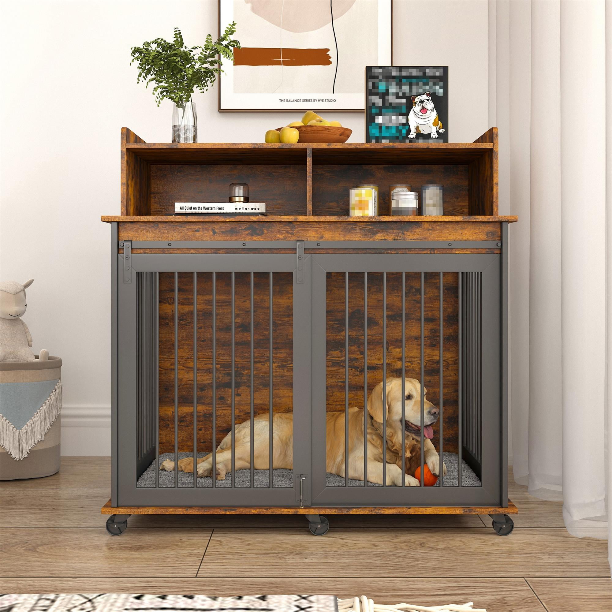 Pefilos 43" Heavy Duty Dog Crate for Medium Dogs with Cabinet, Furniture Style Dog House with Wheels, Indoor Dog Cage Sliding Frame Iron Door with Mat, Brown Pefilos 43" Heavy Duty Dog Crate for Medium Dogs with Cabinet, Furniture Style Dog House with Wheels, Indoor Dog Cage Sliding Frame Iron Door with Mat, Brown