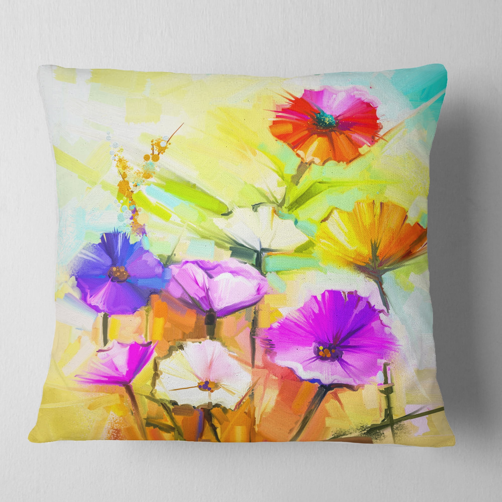 Designart Colorful Gerbera Flowers Painting - Floral Throw Pillow - 16x16