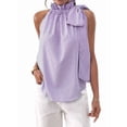 thumbnail image 2 of Women's Sleeveless Striped Ruffle Tank Tops High Necked Tie Top Blouse for Daily Wear Purple M, 2 of 10