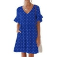 thumbnail image 4 of LOVZFMLL Summer Dresses for Women Casual Loose V Neck Short Sleeve Mini Dress Ruffle Swing Polka Dot/Boho Floral Print Beach Sundress Blue A XL, 4 of 7