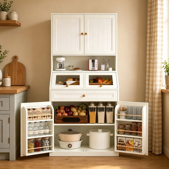 Katalora 77" Kitchen Pantry Cabinet with Lift-Up Display Storage, Freestanding Farmhouse Pantry Hutch with Door Shelves, Drawer and Coffee Bar Counter, White
