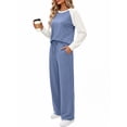 thumbnail image 3 of MOSHU Two Piece Sets for Women Casual Fall Travel Vacation Outfits Color Block Long Sleeve Tops and Drawstring Wide Leg Pants with Pokets Lounge Sets, 3 of 10