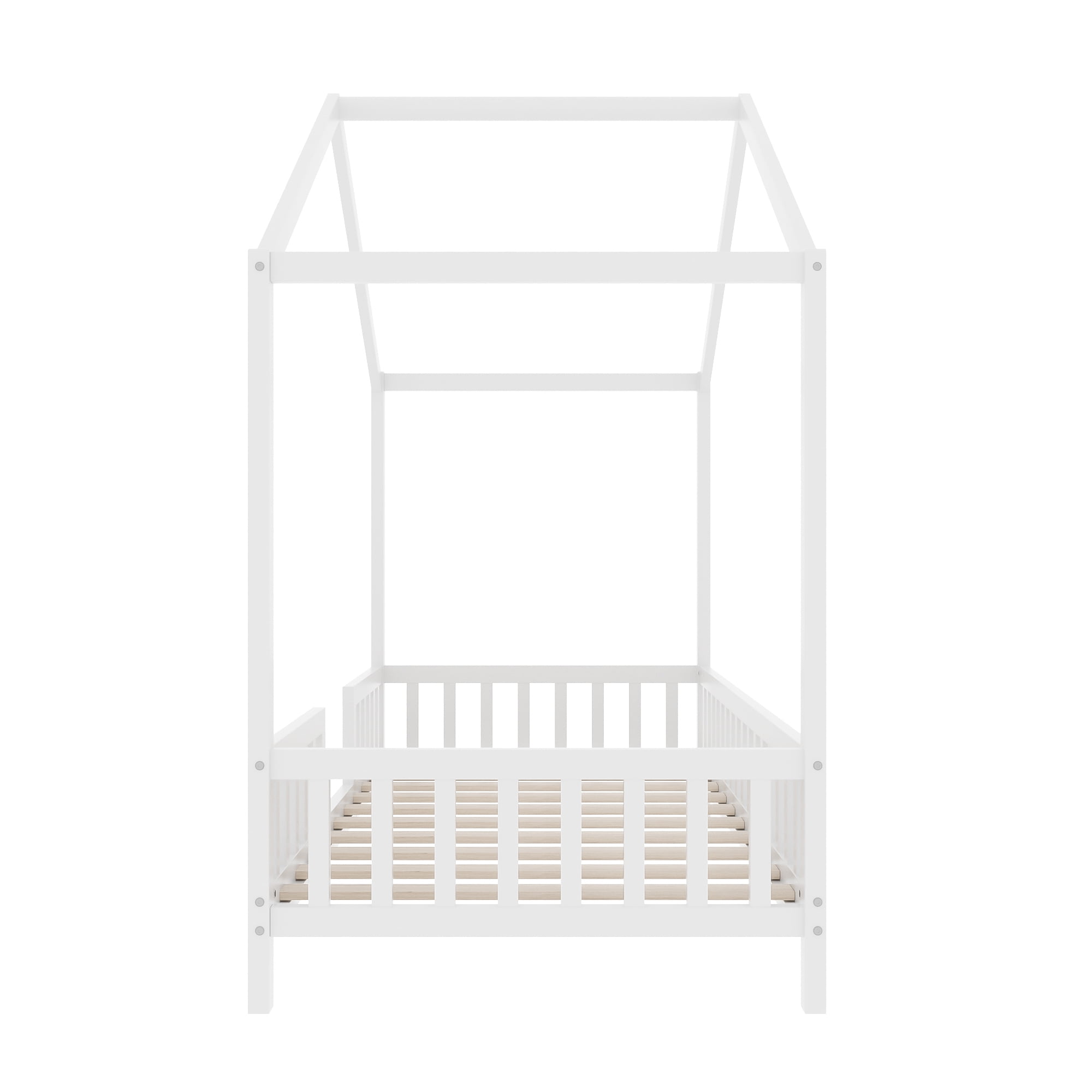 Euroco House Floor Bed with High Railings, Twin Size Kids' Bed with Canopy, White