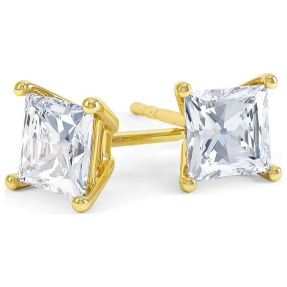 14K Yellow Gold Created White Diamond Princess 6mm Stud Earrings Plated by Paris Jewelry