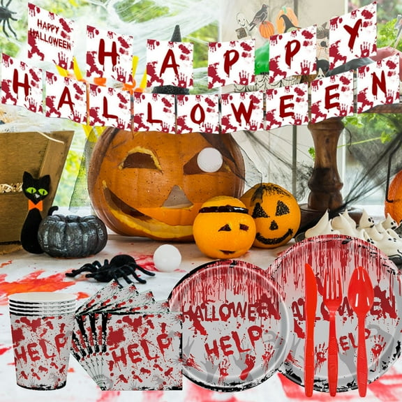 Floleo Halloween Birthday Party Decorations Birthday Decorations Scary Bloody Hand Plates Napkins Cups Birthday Banner Tablecloth Balloon For Halloween Horror Movie Birthday Decor